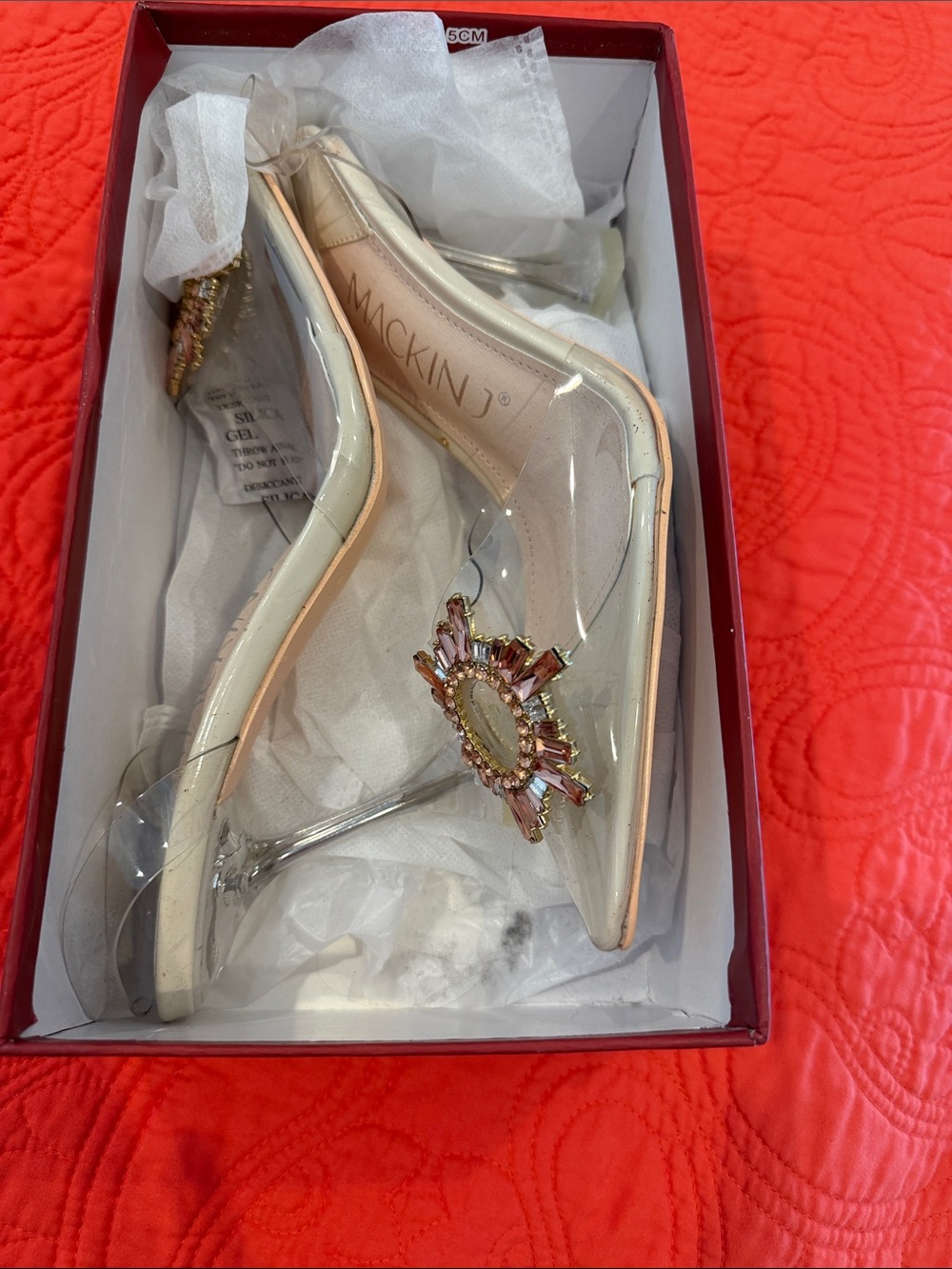 Mackin J Clear Pointed Heels with Pink Crystal Sunburst